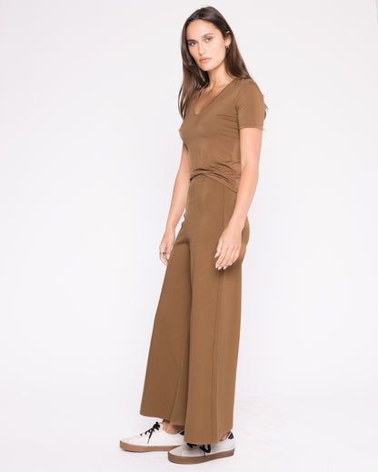 Camel Ponte Knit Wide Leg Pant: Cropped