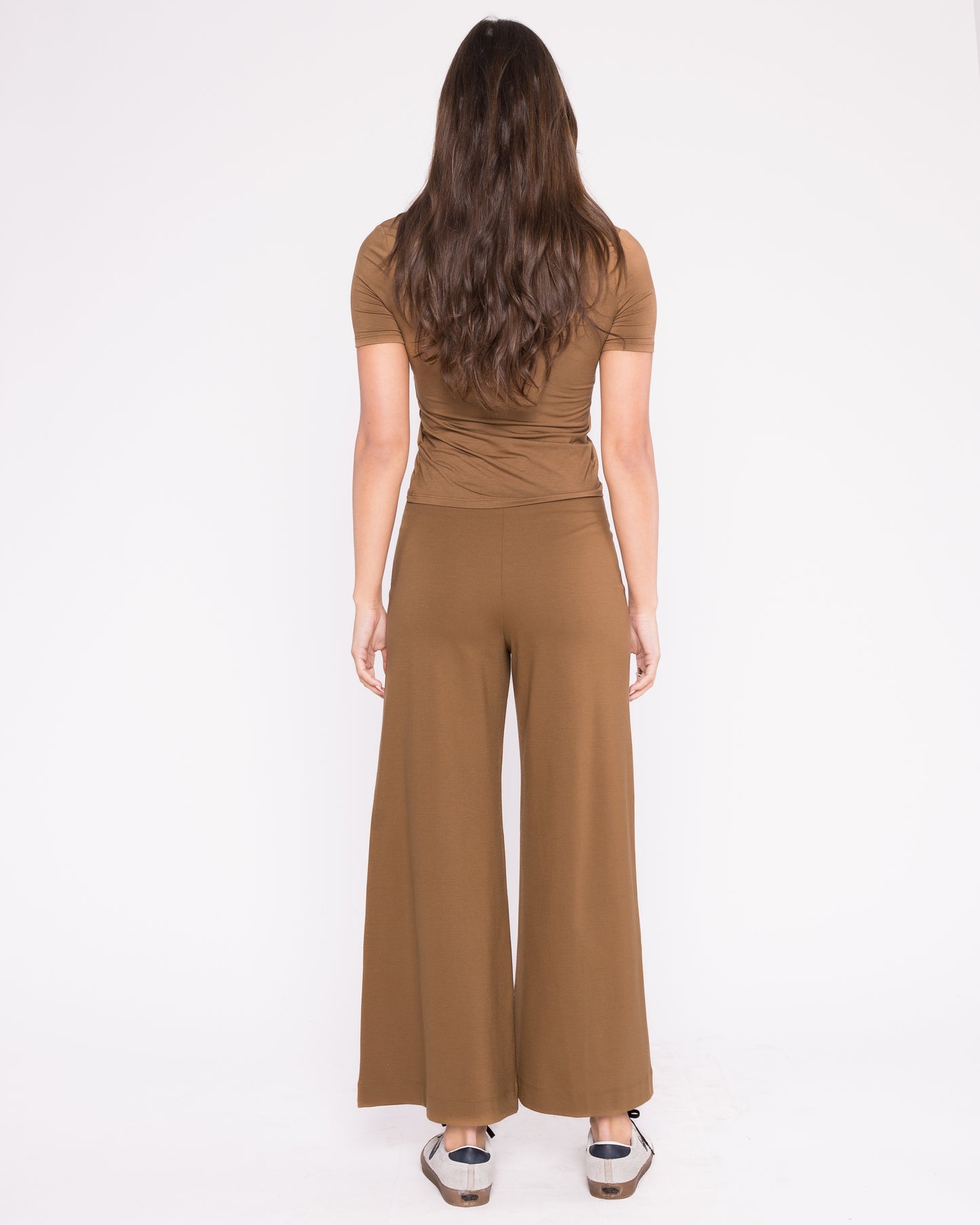 Camel Ponte Knit Wide Leg Pant: Cropped