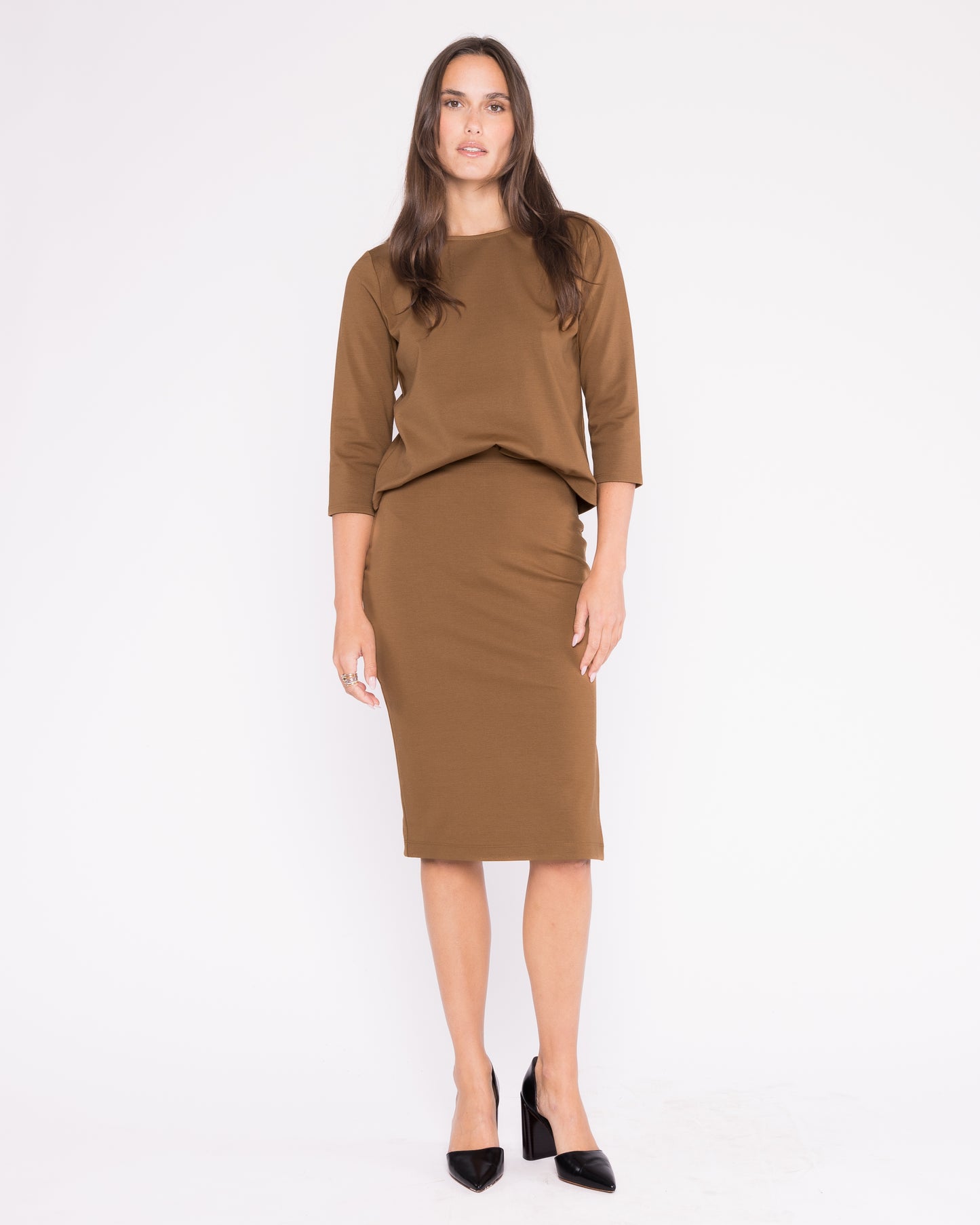 Camel Ponte Knit Pencil Skirt