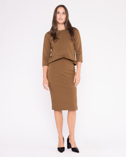 Camel Ponte Knit Pencil Skirt