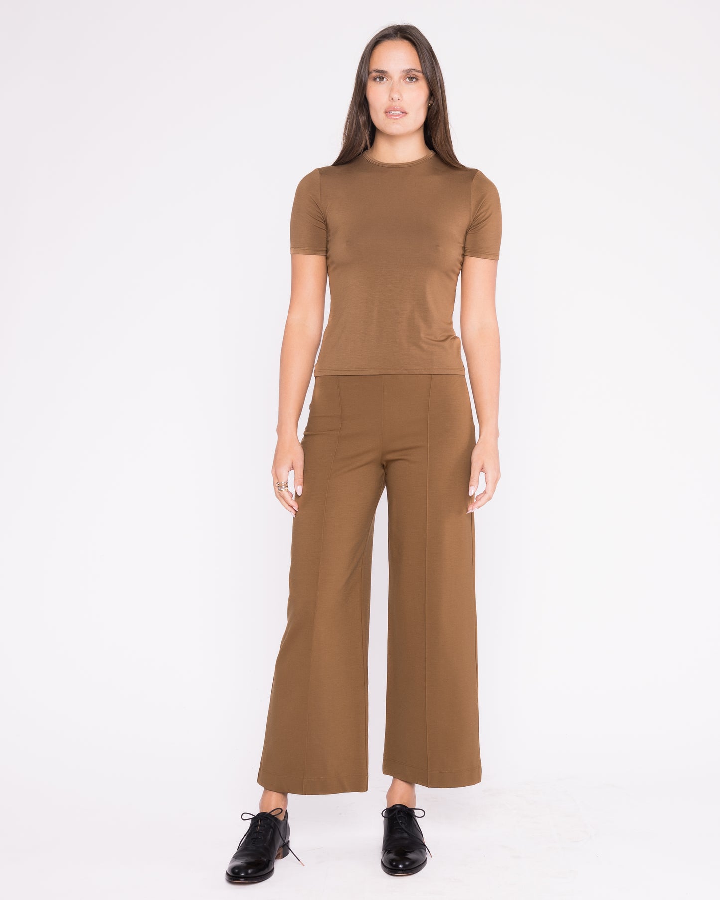 Camel Ponte Knit Straight Leg Pant: Cropped