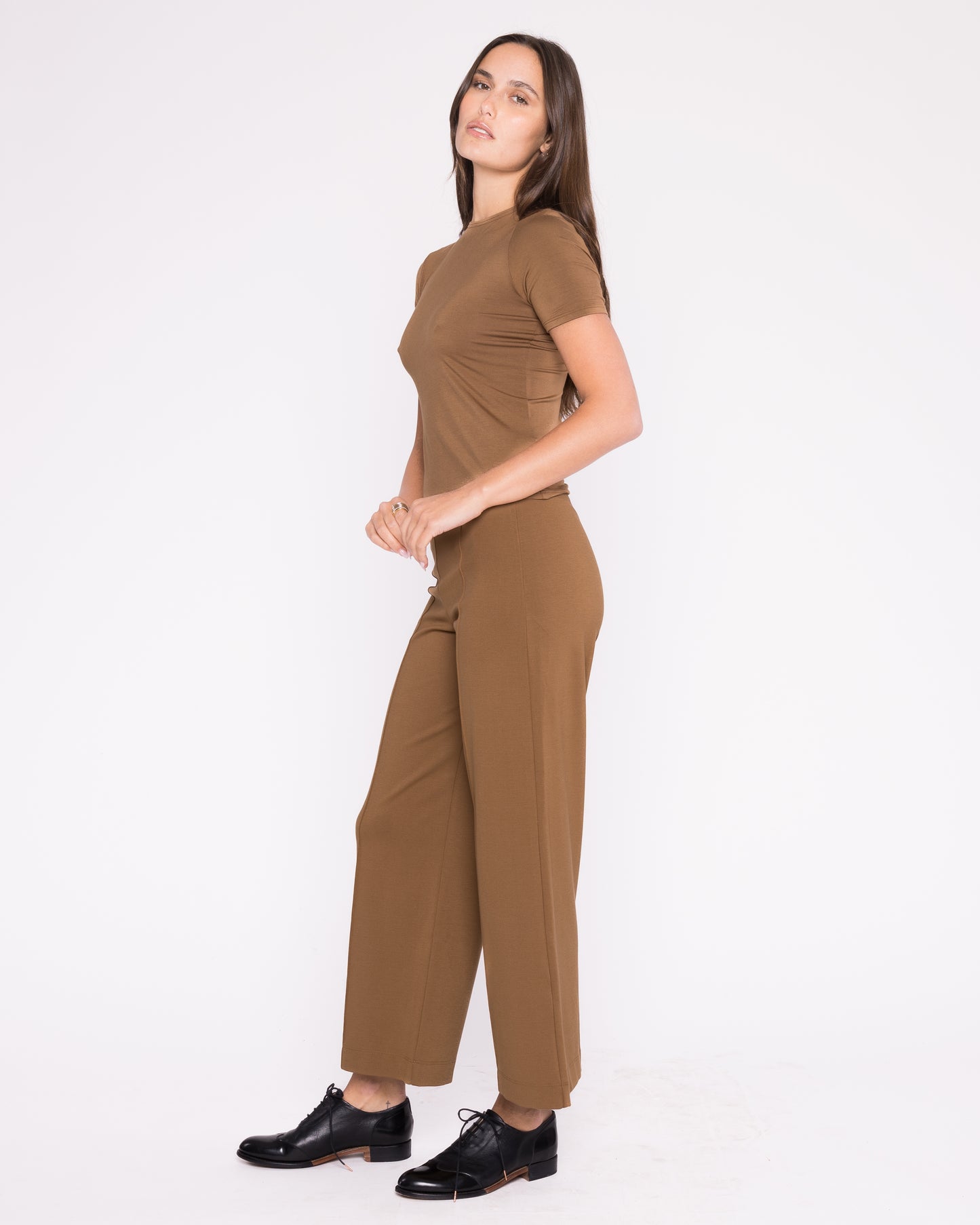Camel Ponte Knit Straight Leg Pant: Cropped