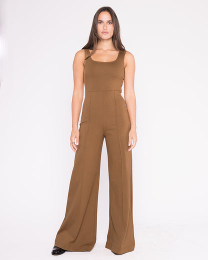 Camel Ponte Knit Tank Wide Leg Jumpsuit