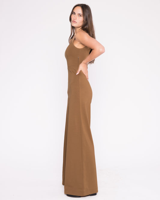 Camel Ponte Knit Tank Wide Leg Jumpsuit