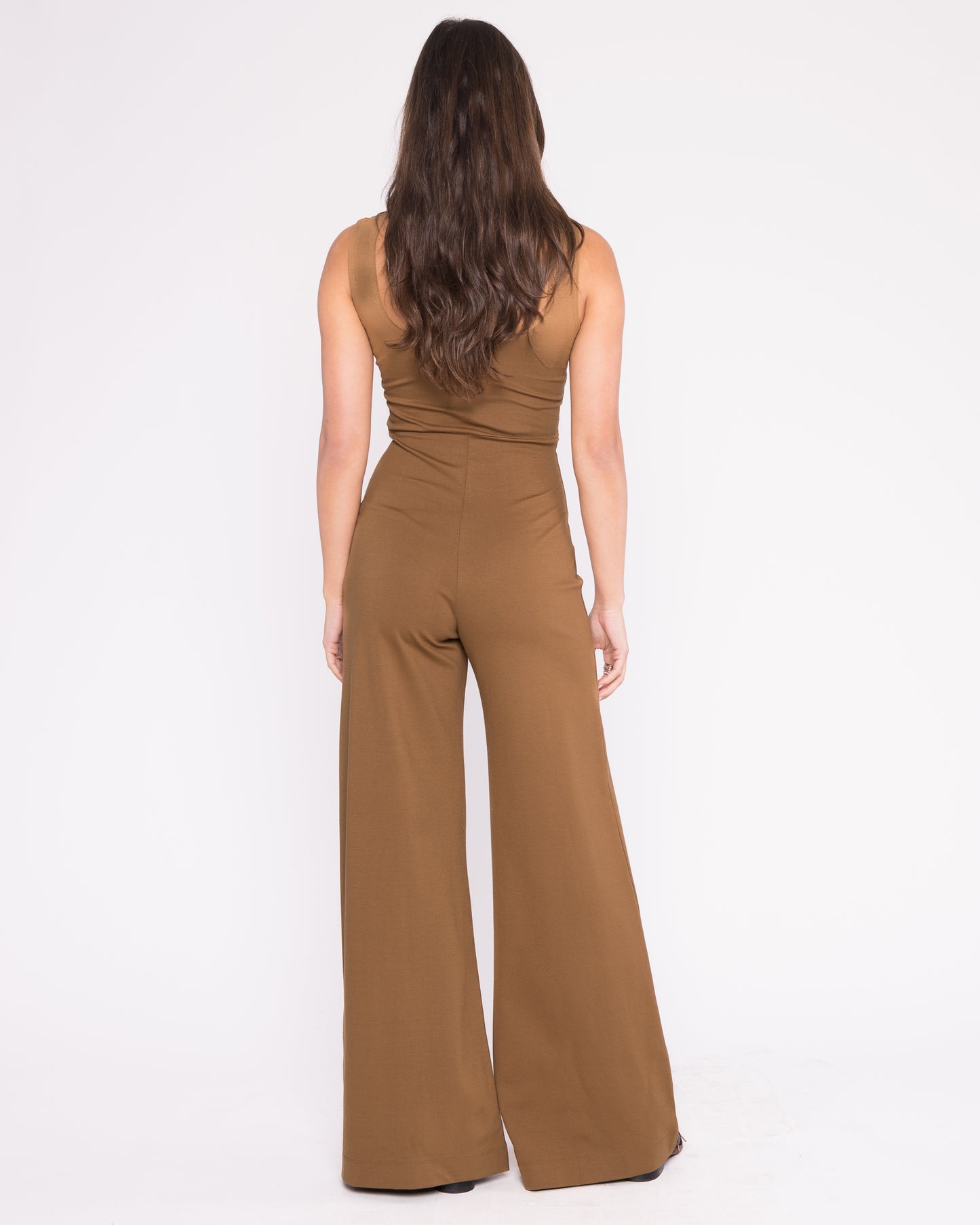 Camel Ponte Knit Tank Wide Leg Jumpsuit