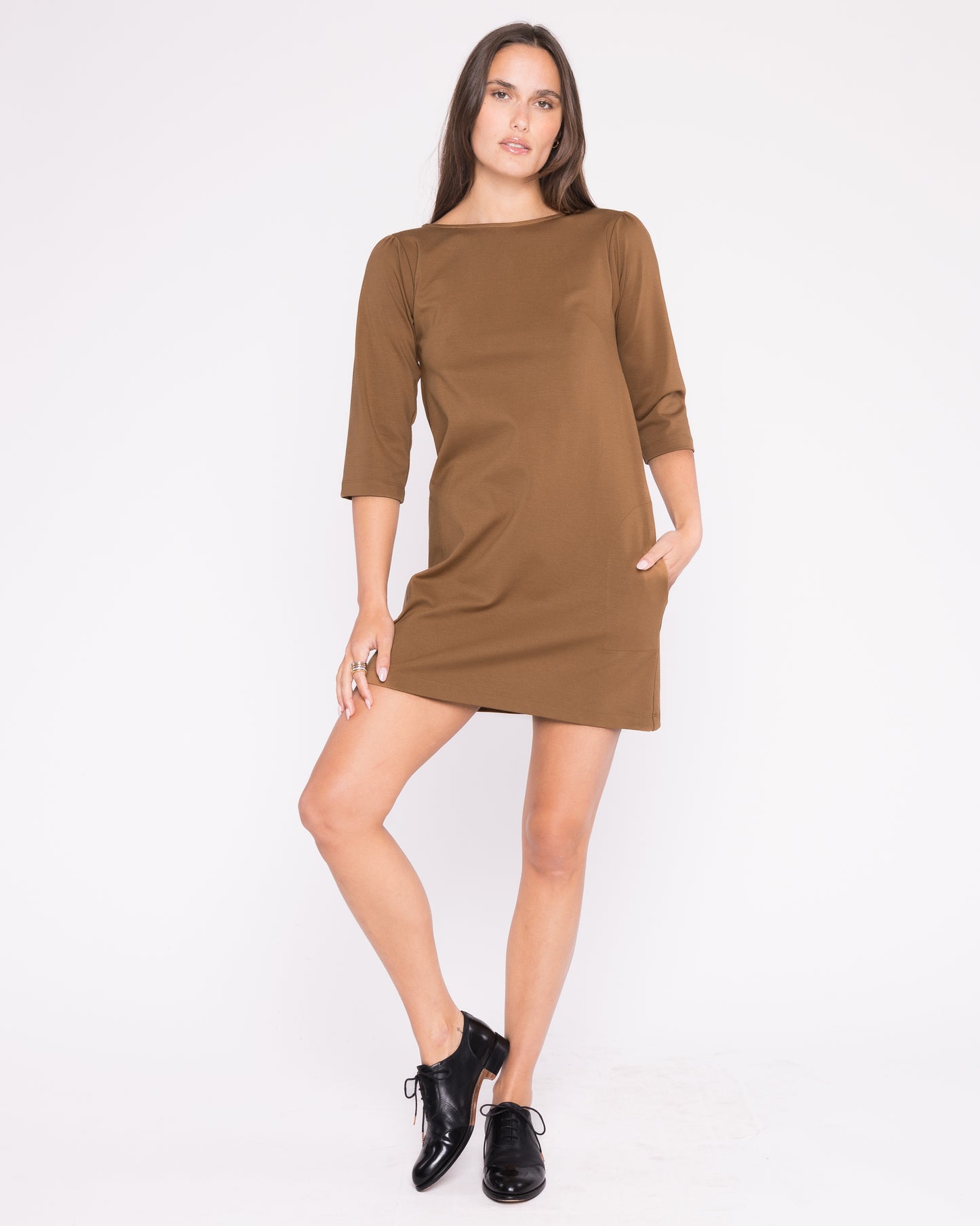 Camel Ponte Knit A-Line Dress