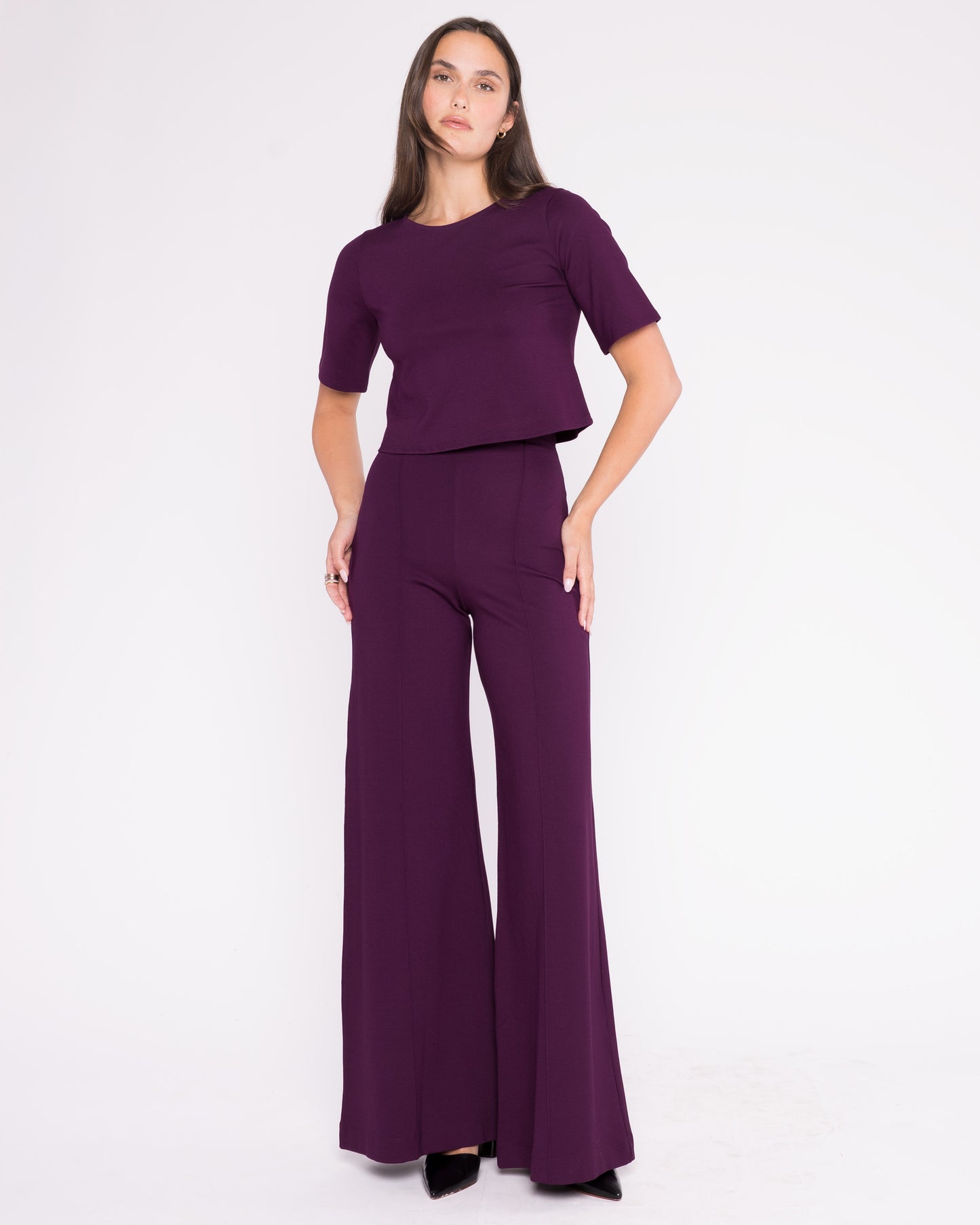 Plum Ponte Knit Wide Leg Pant