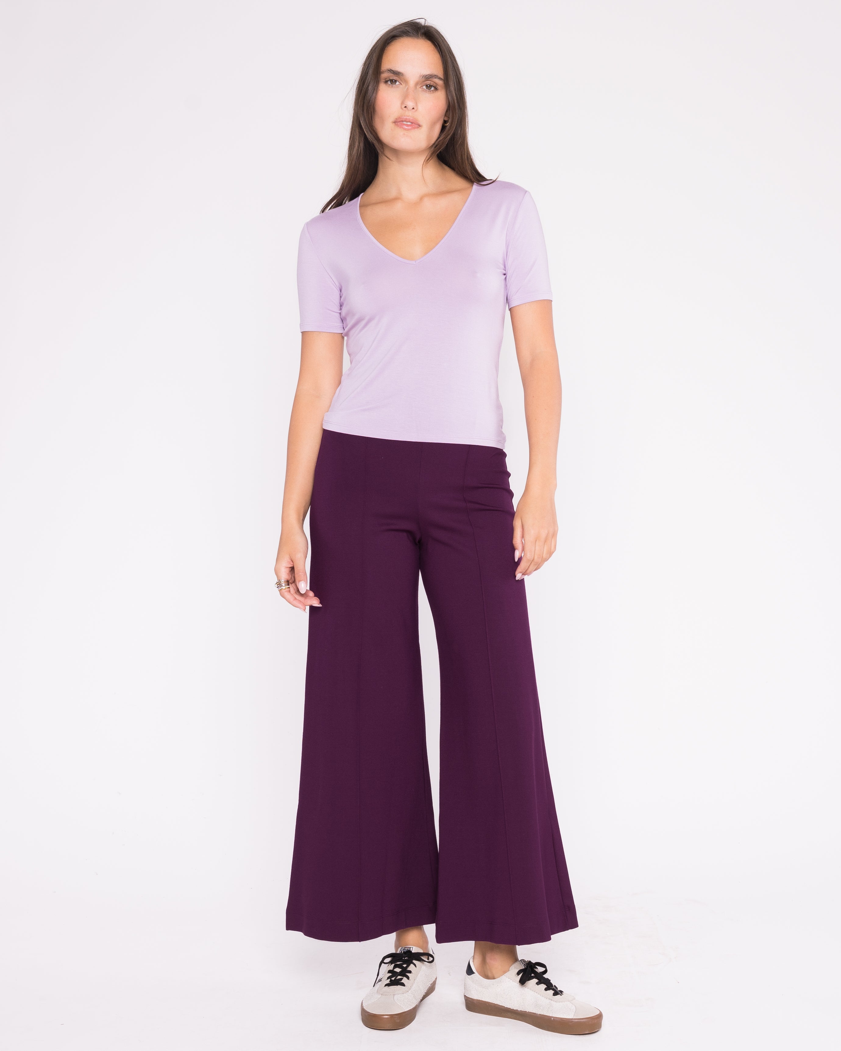 Plum Ponte Knit Cropped Wide Leg Pant