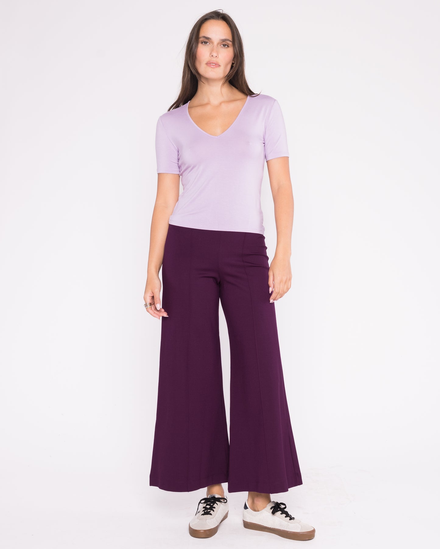 Plum Ponte Knit Wide Leg Pant: Cropped