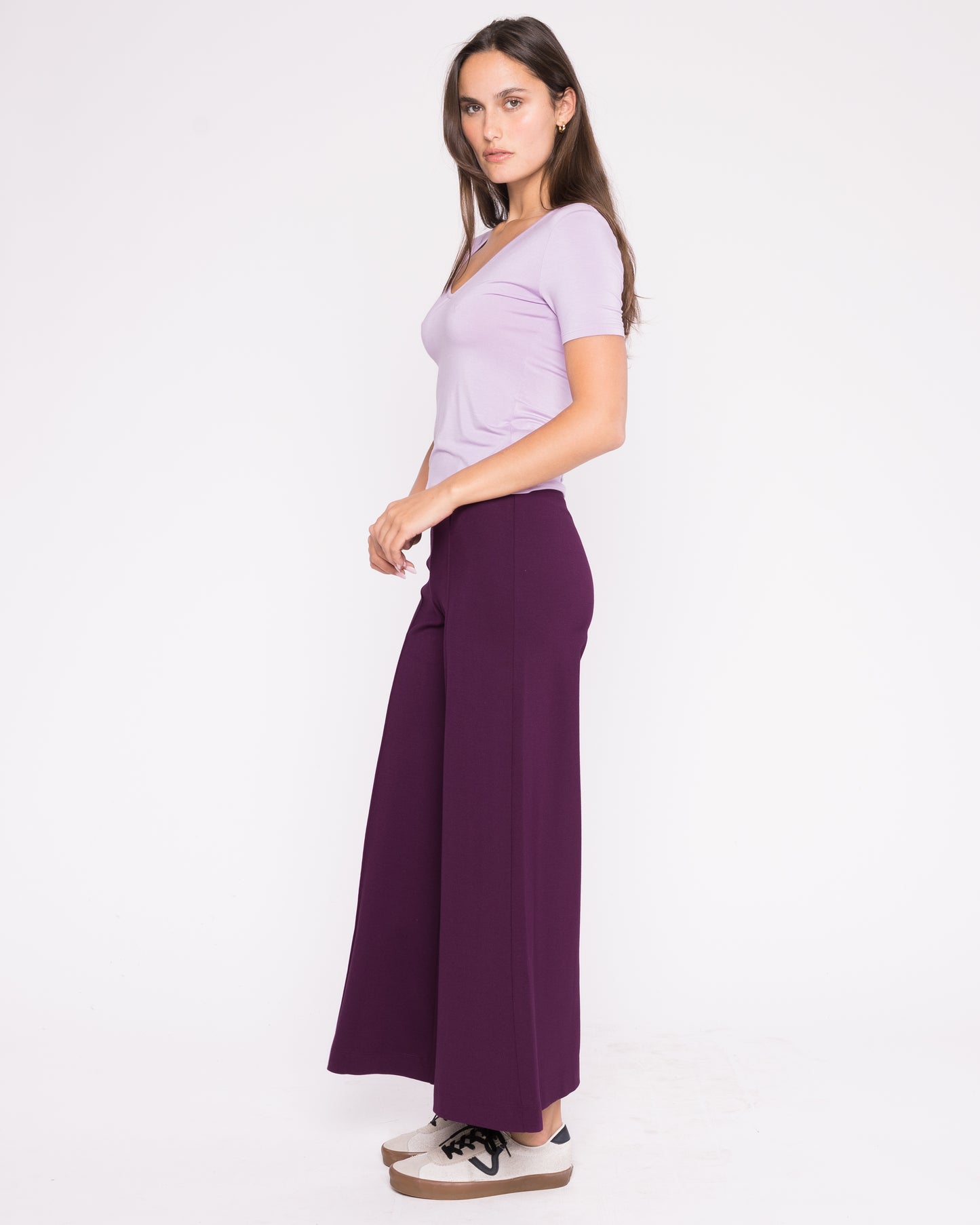 Plum Ponte Knit Wide Leg Pant: Cropped