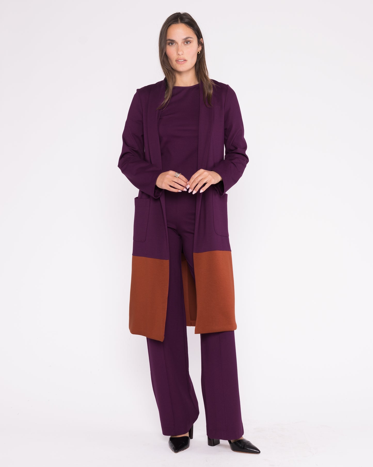 Plum/Rust Ponte Knit Color Block Smoking Jacket