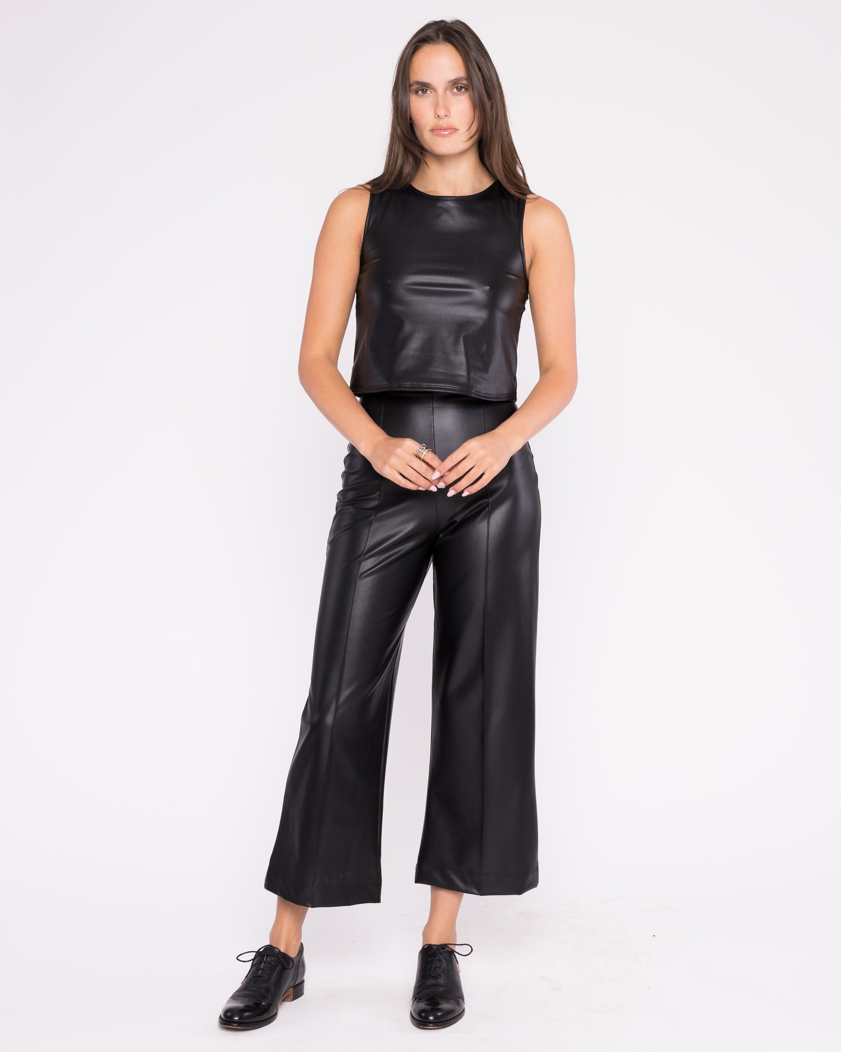 Black Vegan Leather Cropped Straight Leg Pant