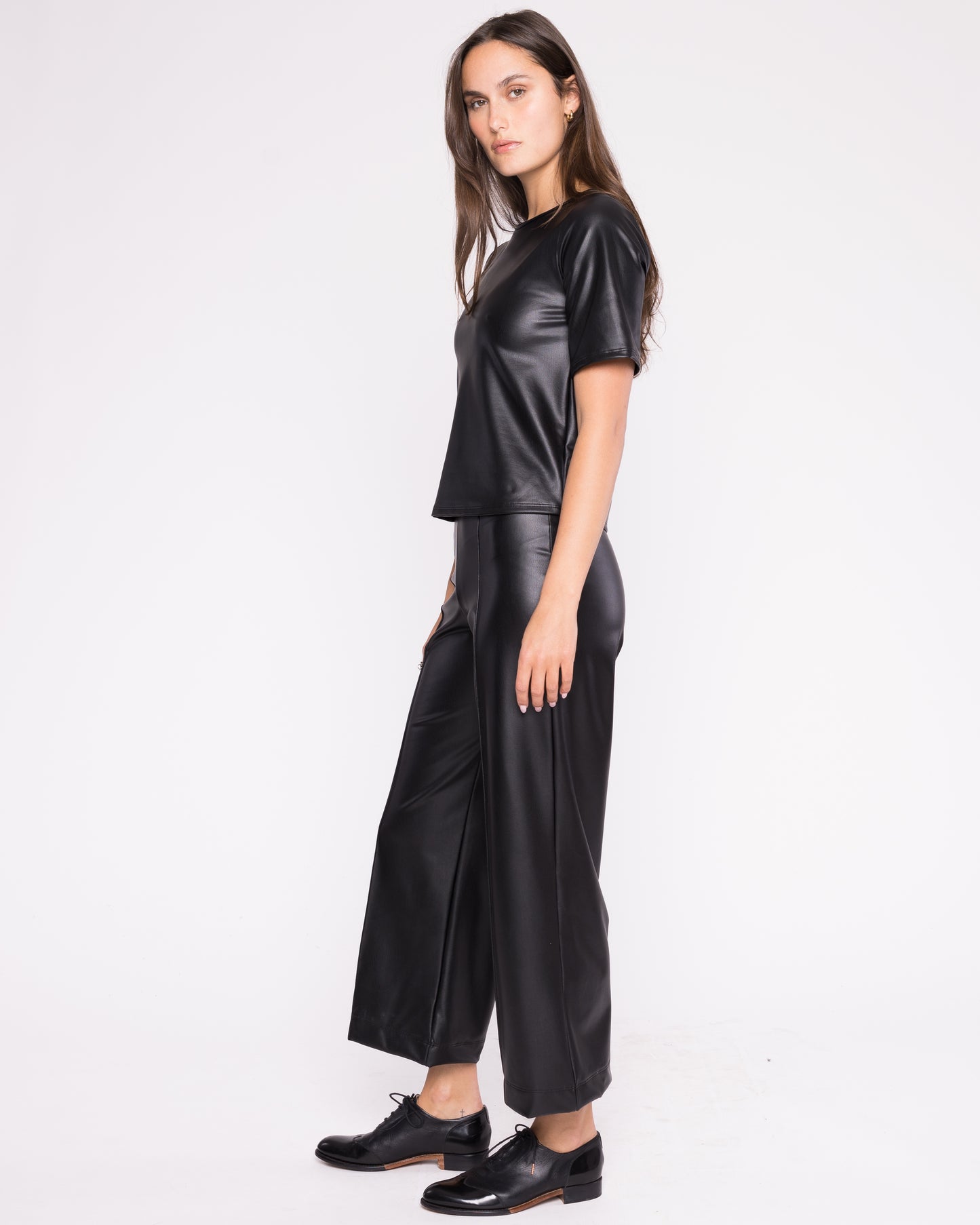 Black Vegan Leather Short Sleeve Top Extended