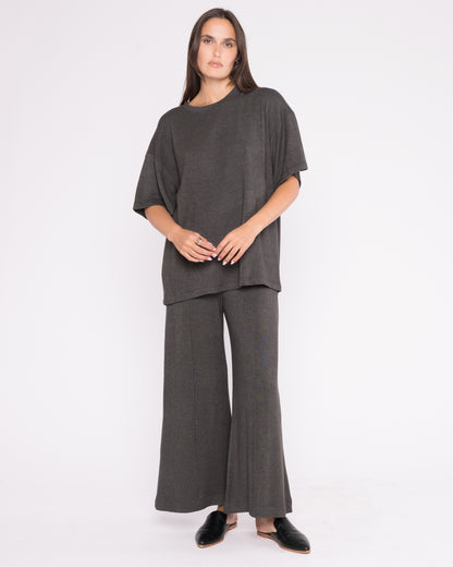 Charcoal Sweater Knit Wide Leg Pant: Cropped