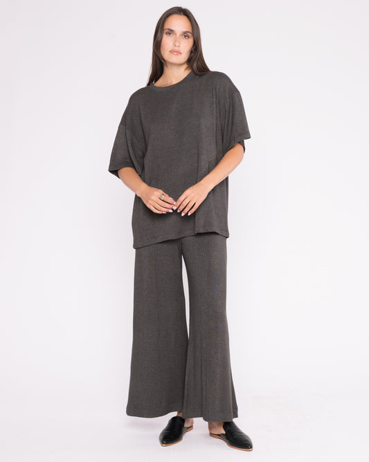 Charcoal Sweater Knit Wide Leg Pant: Cropped