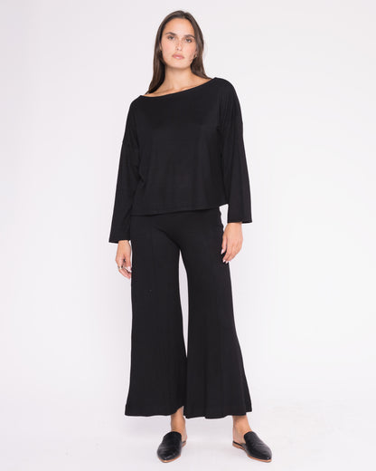 Black Sweater Knit Wide Leg Pant: Cropped