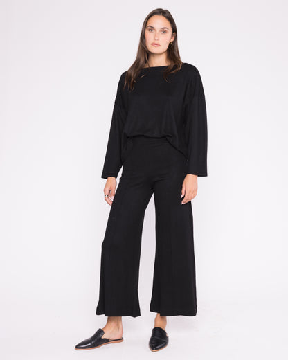 Black Sweater Knit Wide Leg Pant: Cropped