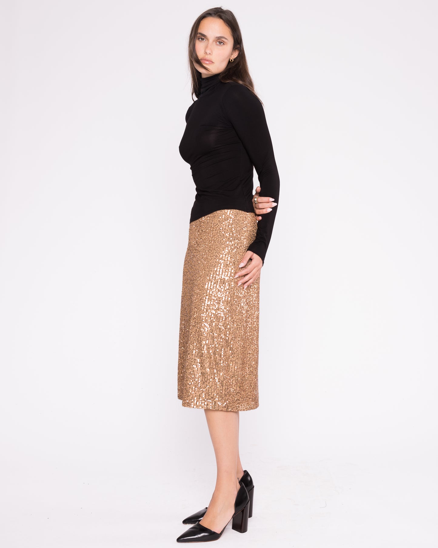 Champagne Textured Sequin Midi Skirt