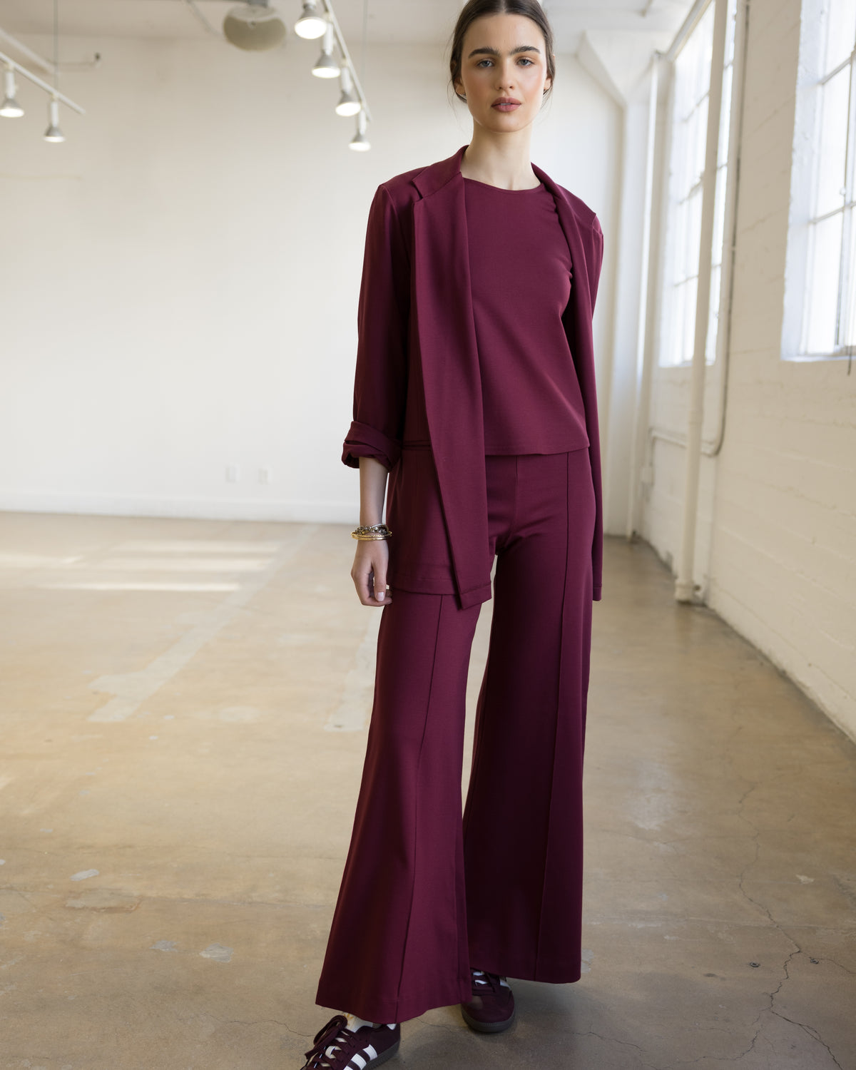 Wine Ponte Knit Standard Wide Leg Pant