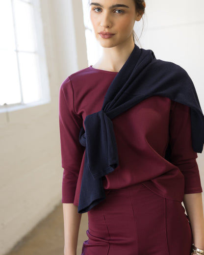 Wine Ponte Knit 3/4 Sleeve Top