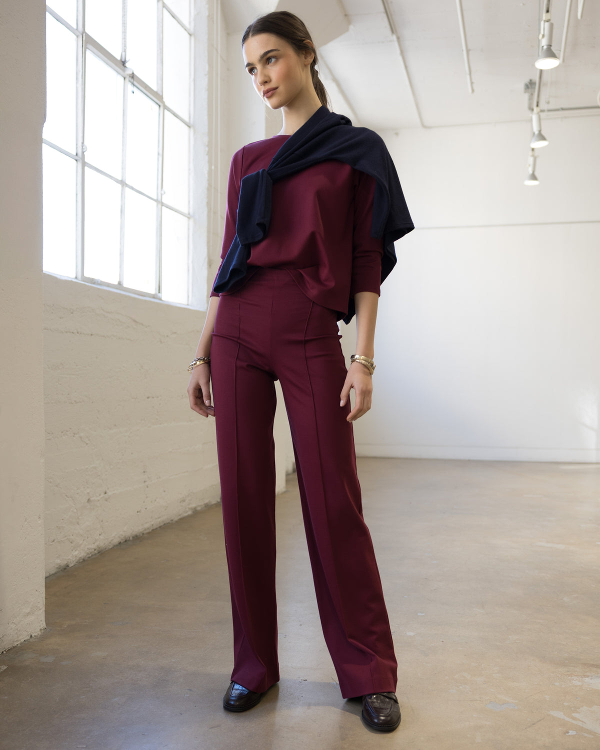Wine Ponte Knit Long Straight Leg Pant