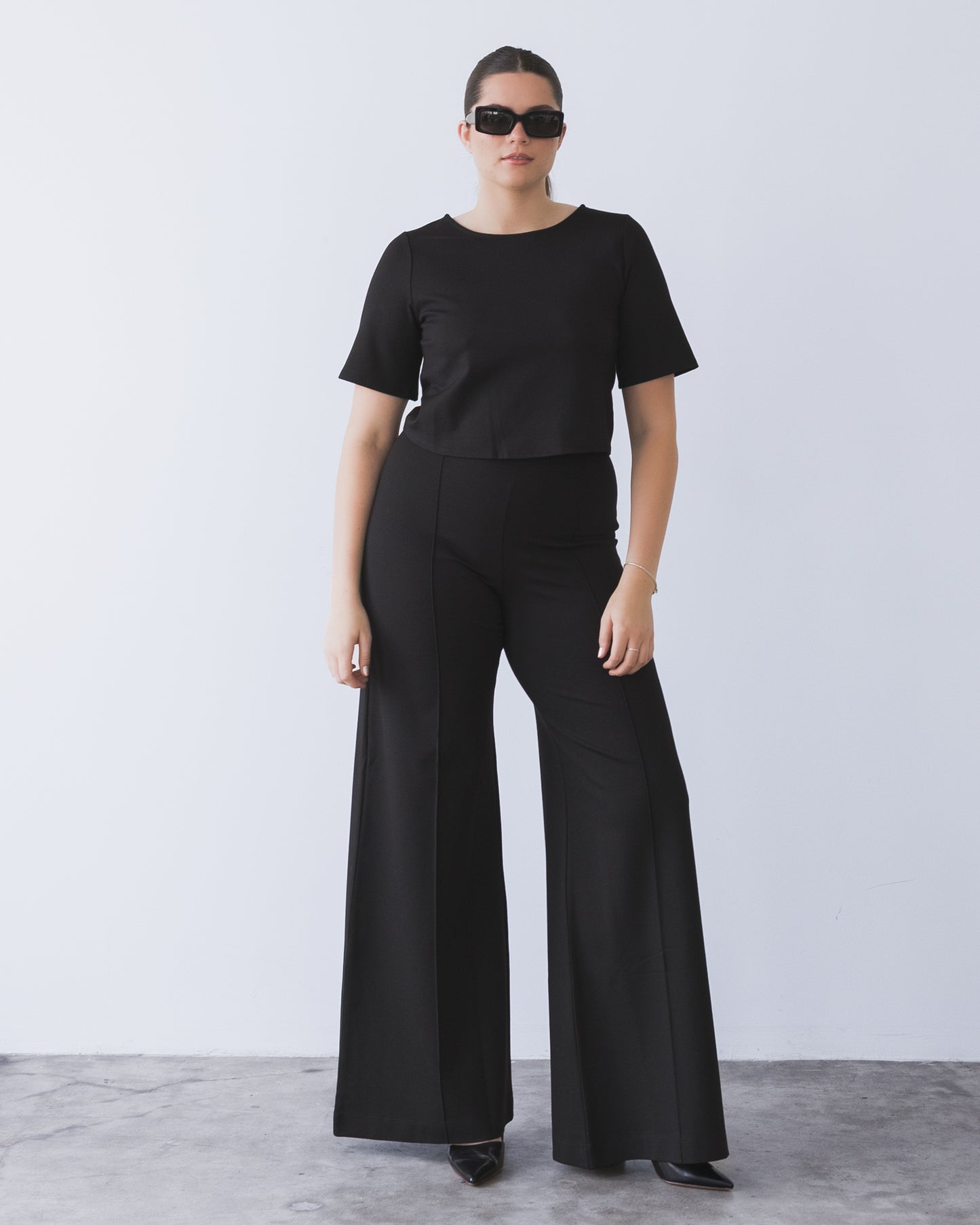 Black Ponte Knit Long Wide Leg Pant