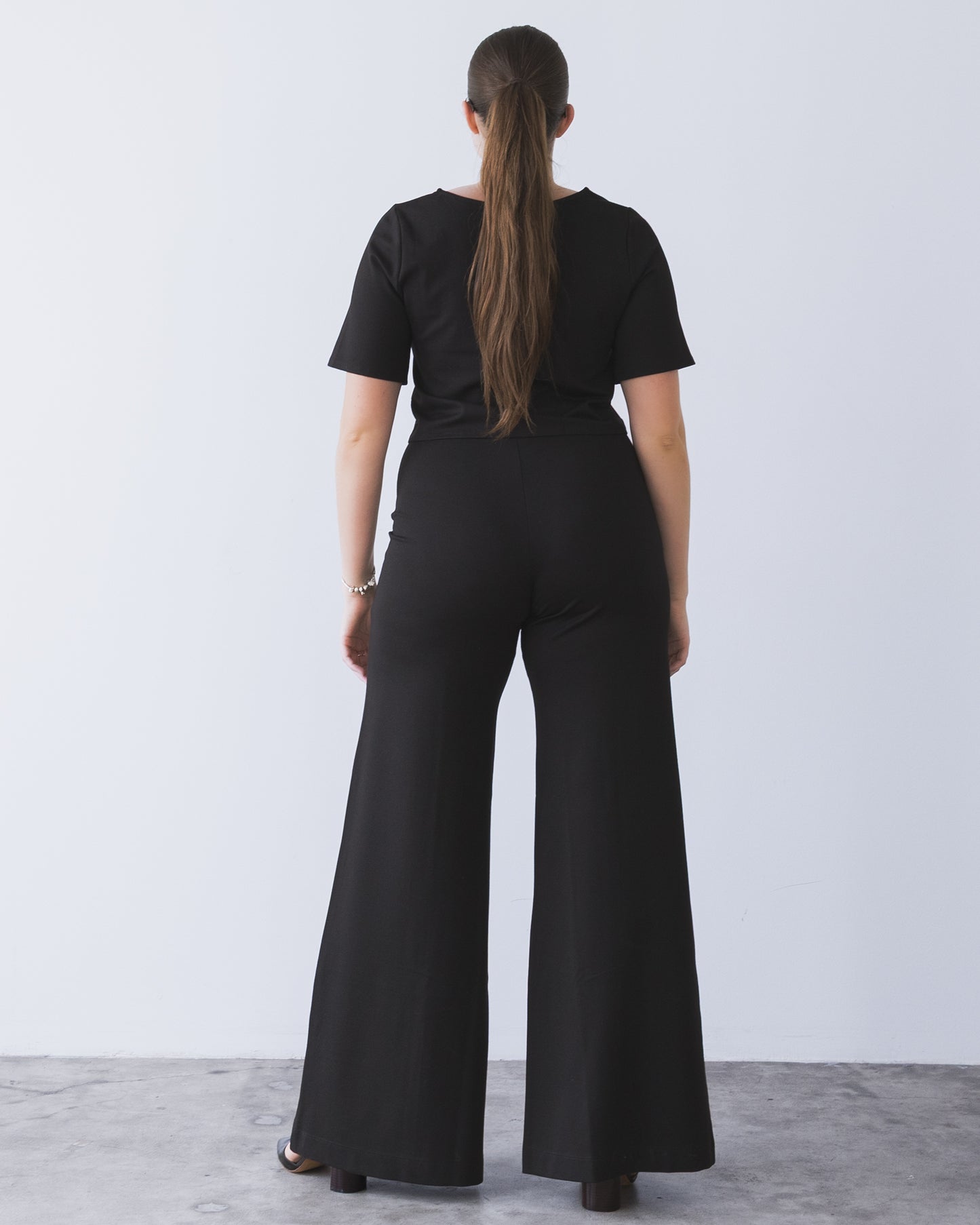 Black Ponte Knit Long Wide Leg Pant