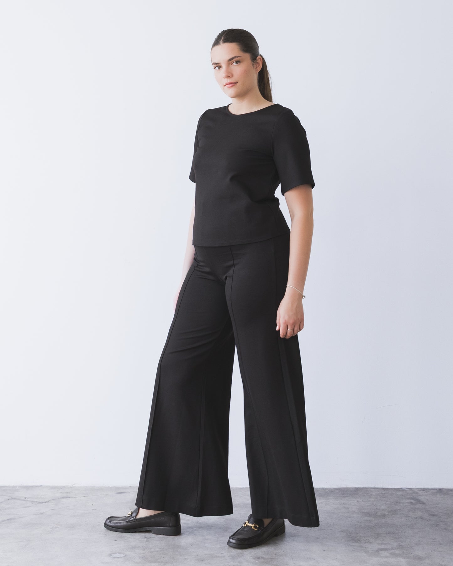 Black Ponte Knit Standard Wide Leg Pant
