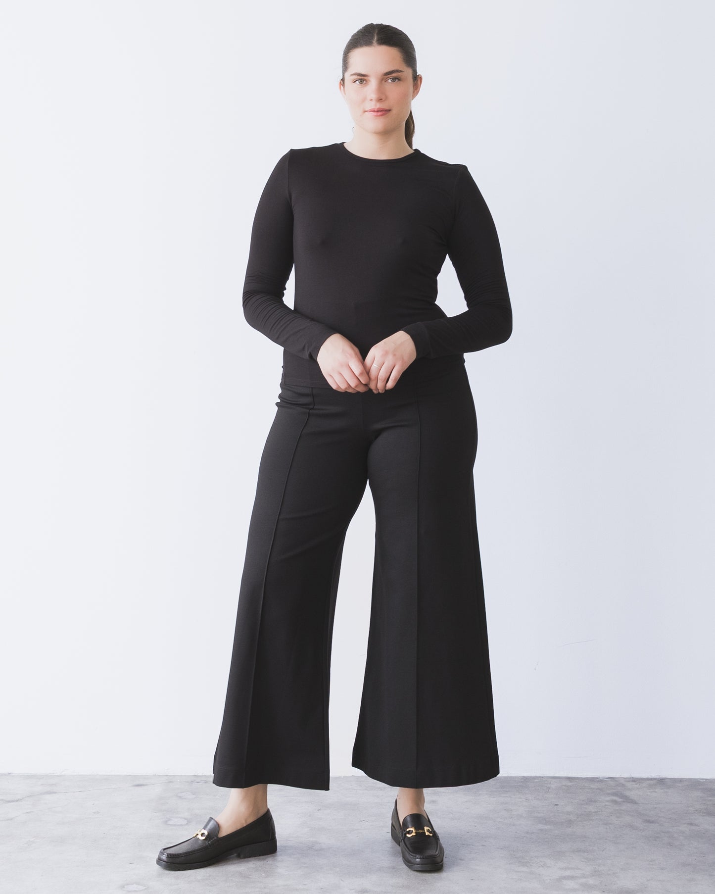 Black Ponte Knit Cropped Wide Leg Pant