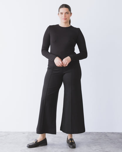 Black Ponte Knit Cropped Wide Leg Pant