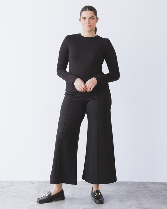 Black Ponte Knit Cropped Wide Leg Pant
