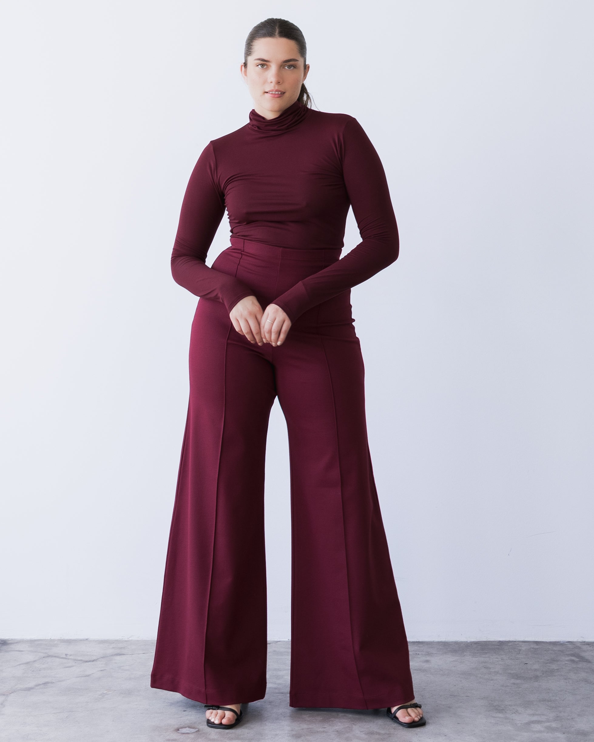 Wine Ponte Knit Standard Wide Leg Pant