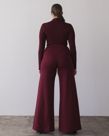 Wine Ponte Knit Standard Wide Leg Pant
