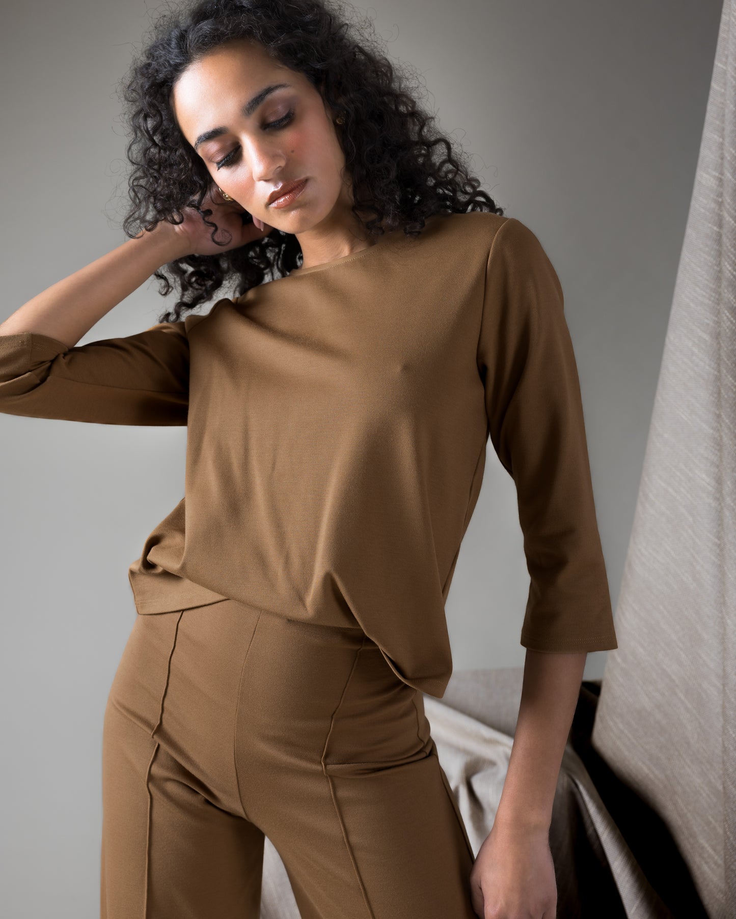 Camel Ponte Knit 3/4 Sleeve Top