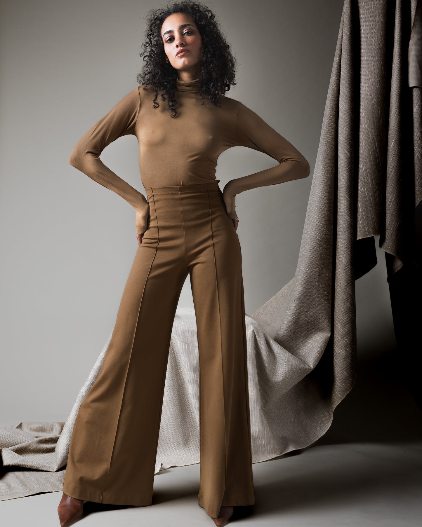 Camel Ponte Knit Wide Leg Pant