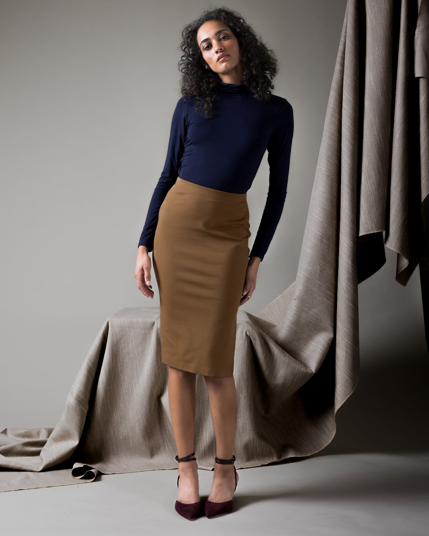 Camel Ponte Knit Pencil Skirt