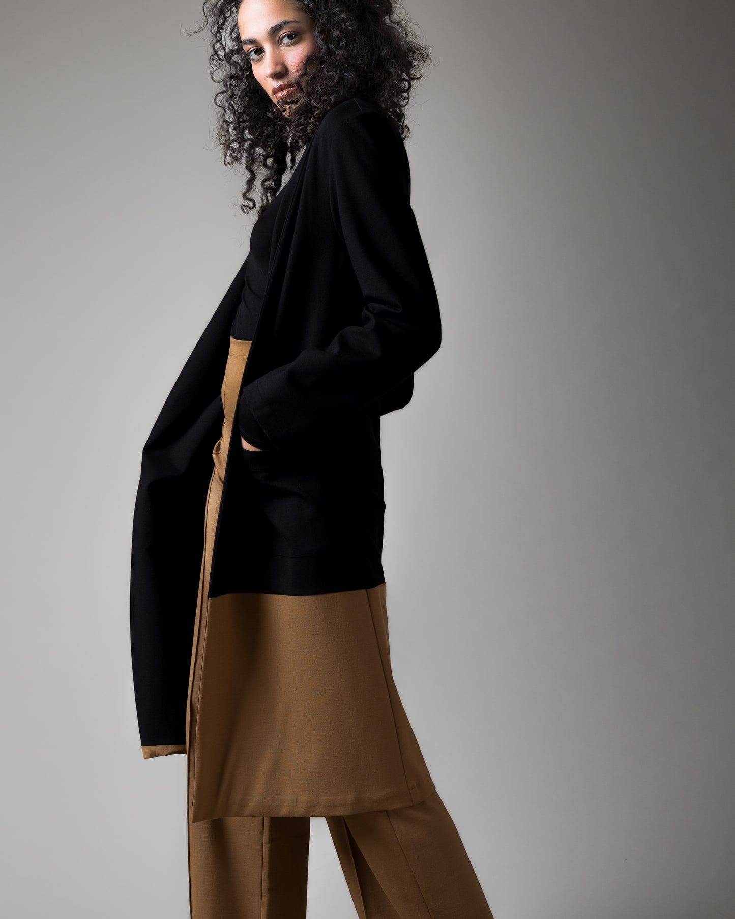 Black/Camel Ponte Knit Color Block Smoking Jacket