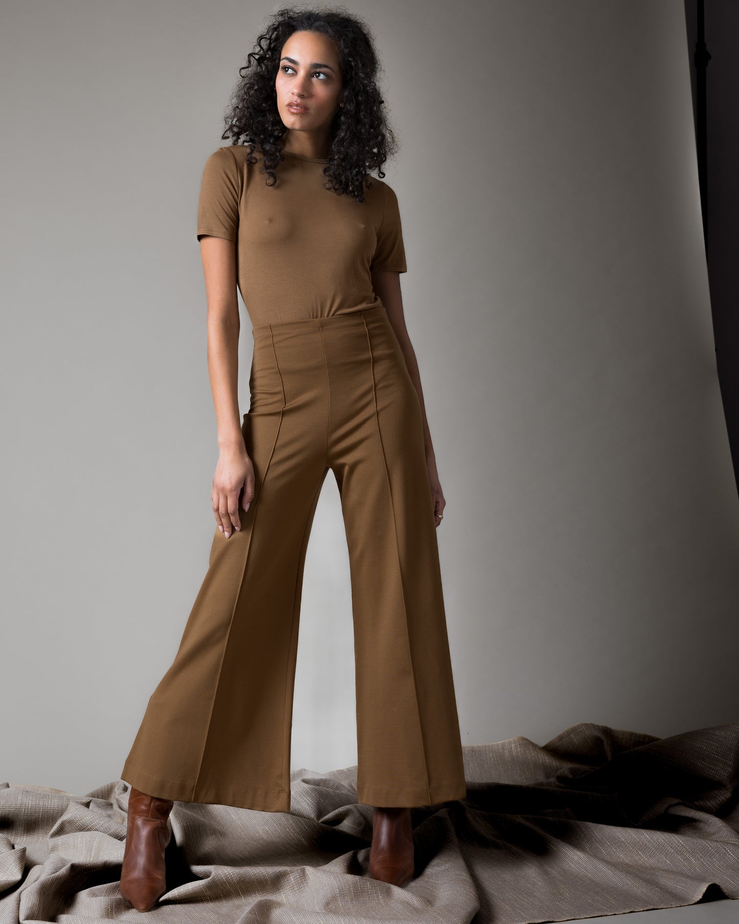 Camel Ponte Knit Wide Leg Pant: Cropped