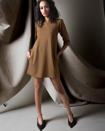 Camel Ponte Knit A-Line Dress