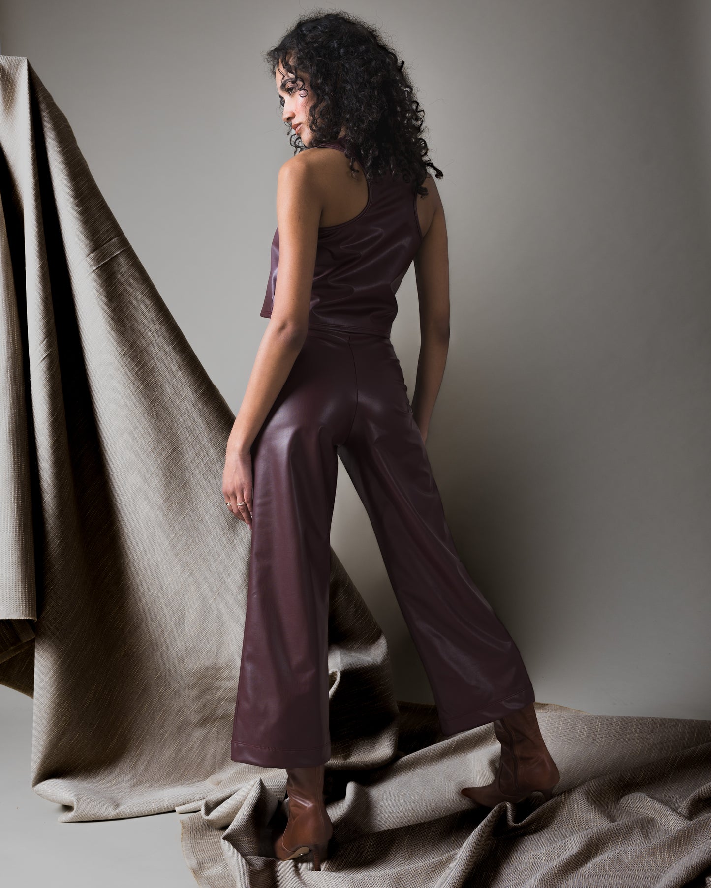 Oxblood Vegan Leather Straight Leg Pant: Cropped