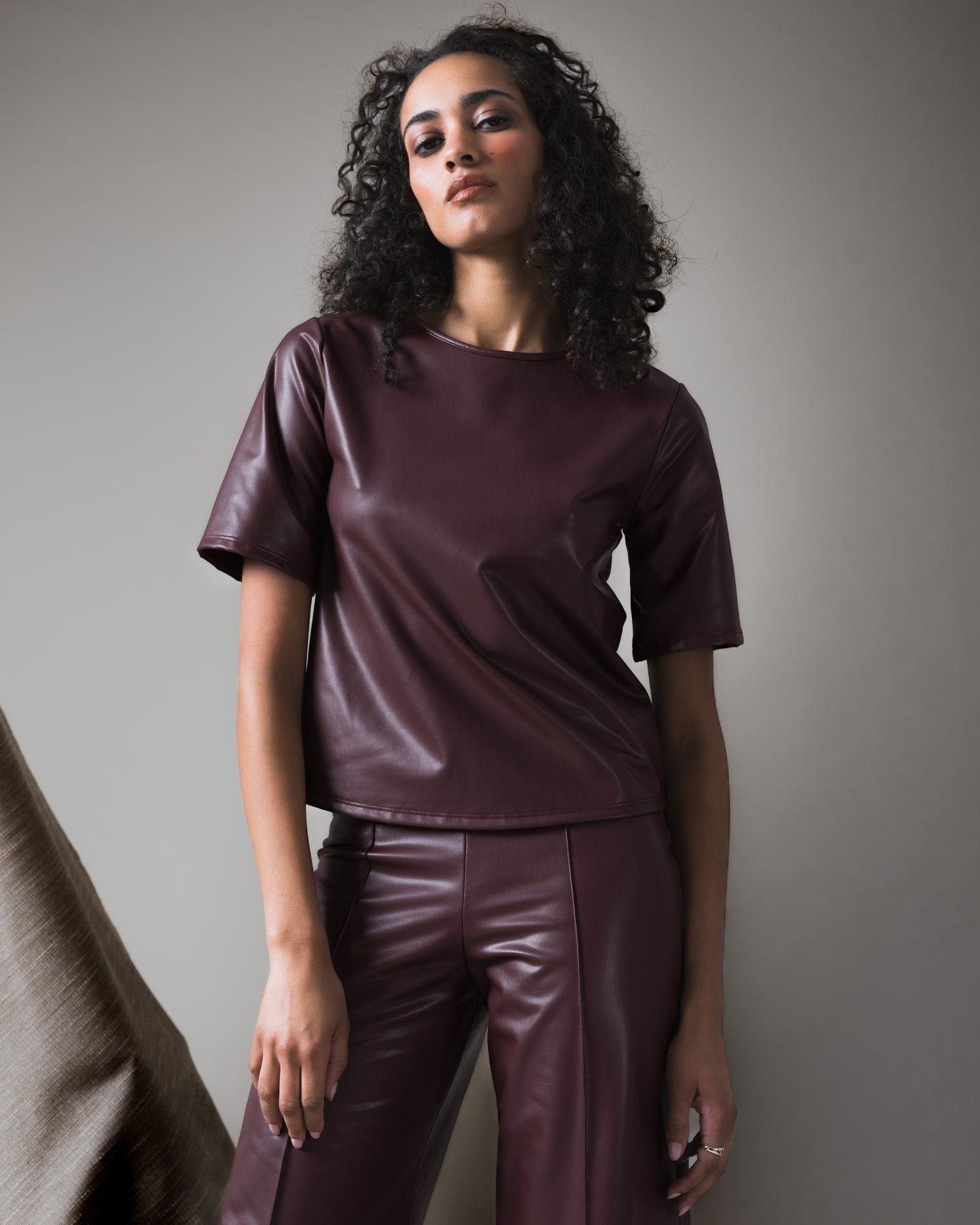 Oxblood Vegan Leather Short Sleeve Top Extended