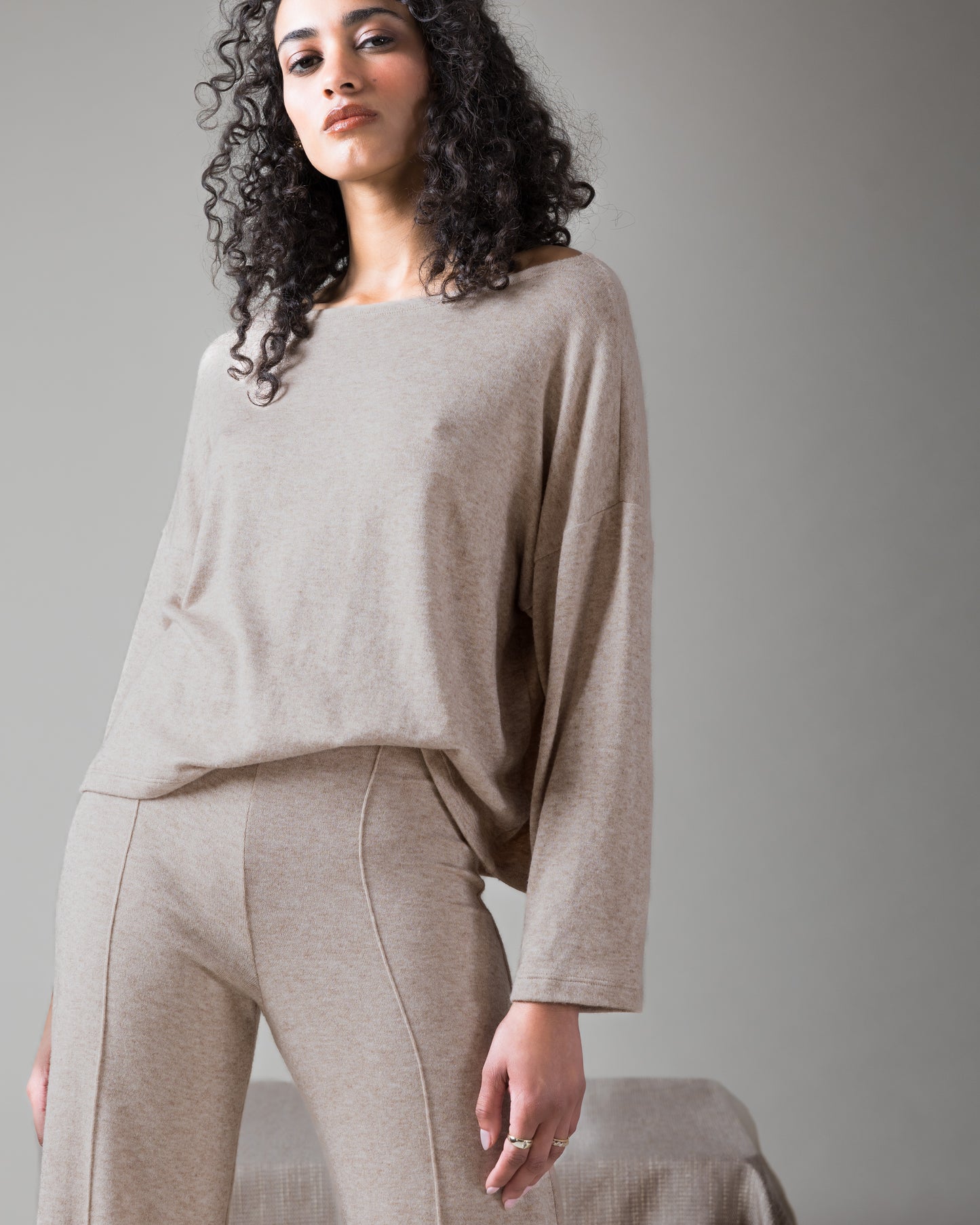 Oatmeal Sweater Knit Boat Neck Top