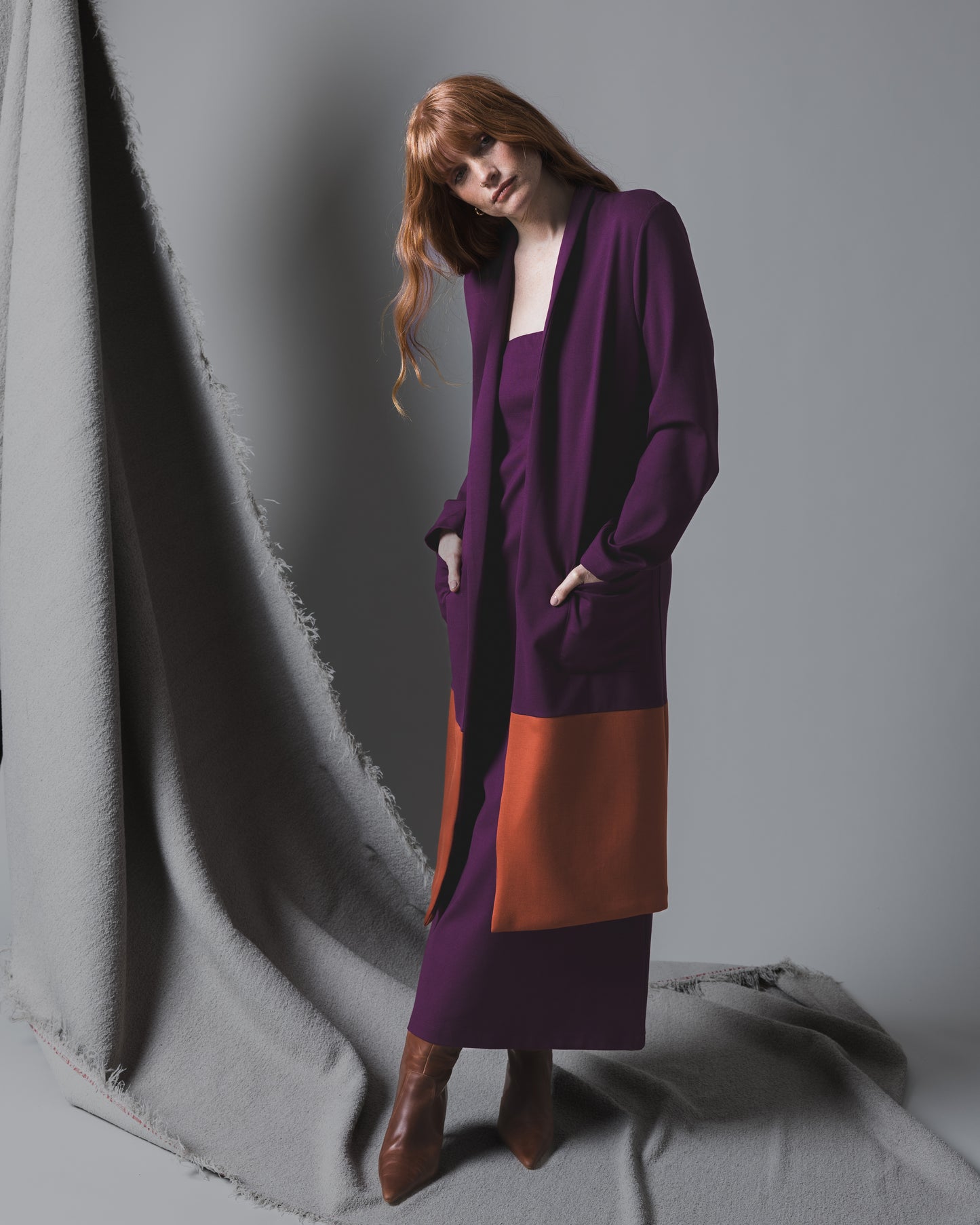 Plum/Rust Ponte Knit Color Block Smoking Jacket