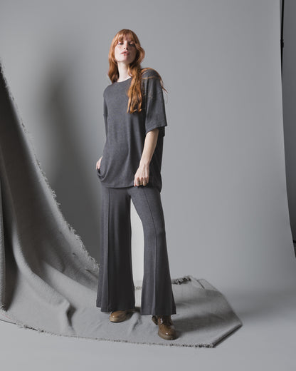 Charcoal Sweater Knit Wide Leg Pant: Cropped