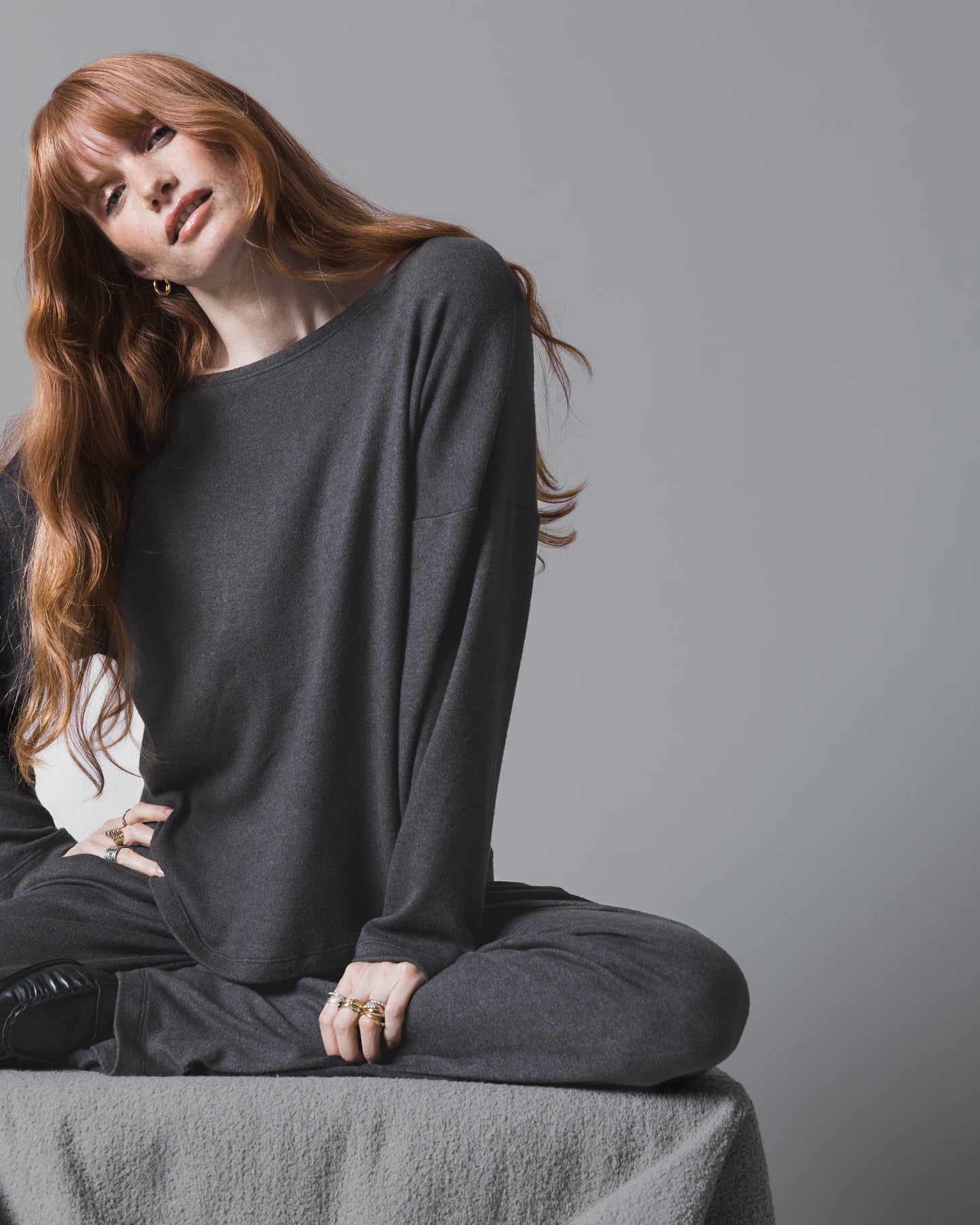 Charcoal Sweater Knit Boat Neck Top