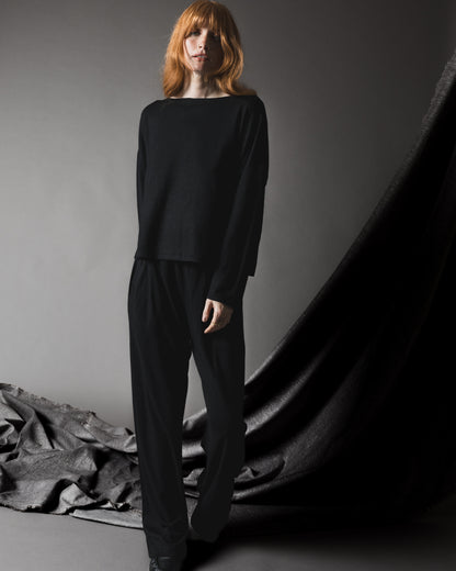 Black Sweater Knit Boat Neck Top