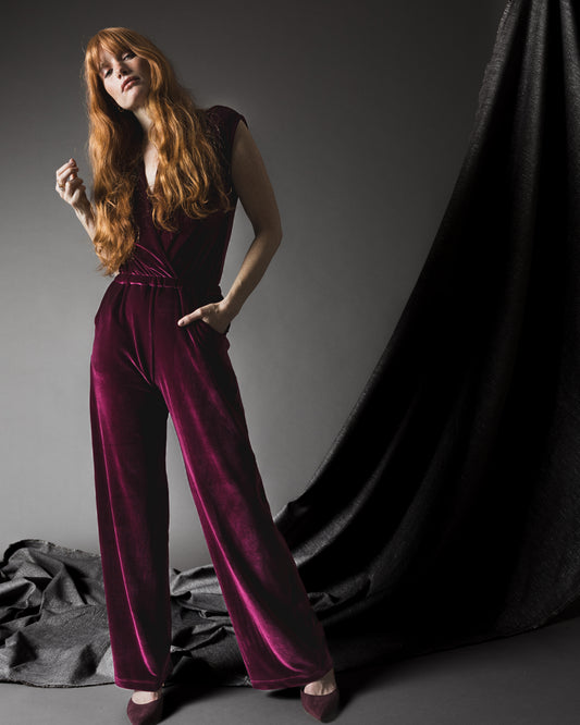 Merlot Stretch Velvet Classic Jumpsuit – view 4
