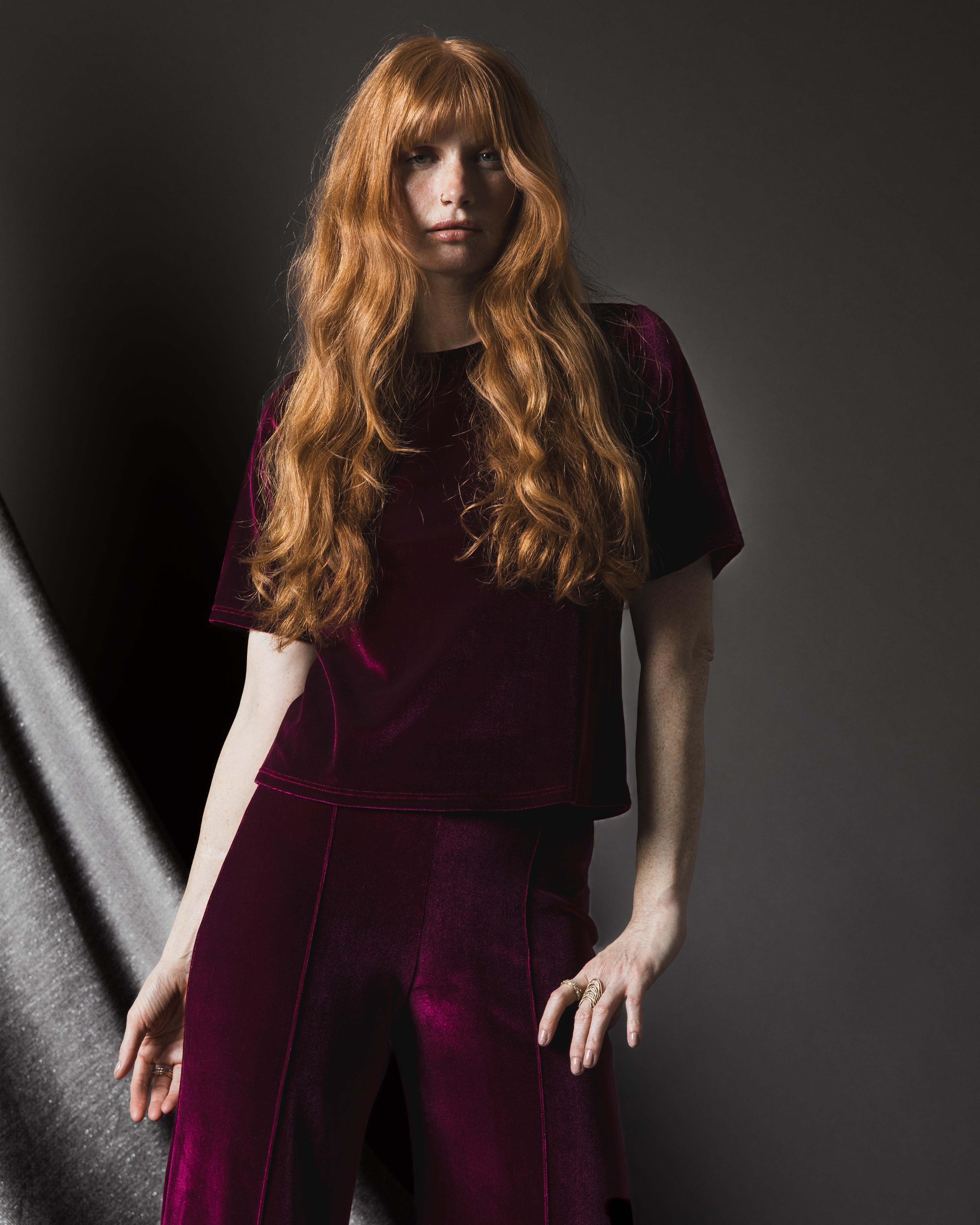 Merlot Stretch Velvet Extended Short Sleeve Top | Ripley Rader