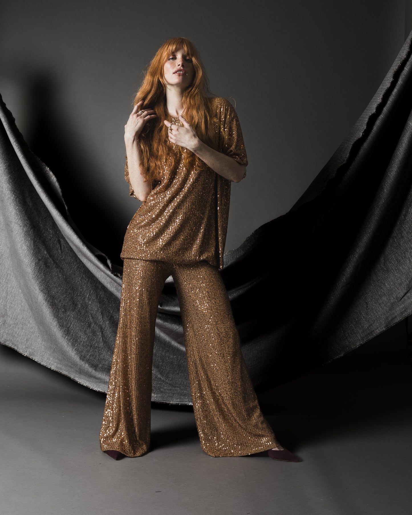 Champagne Textured Sequin Wide Leg Pant