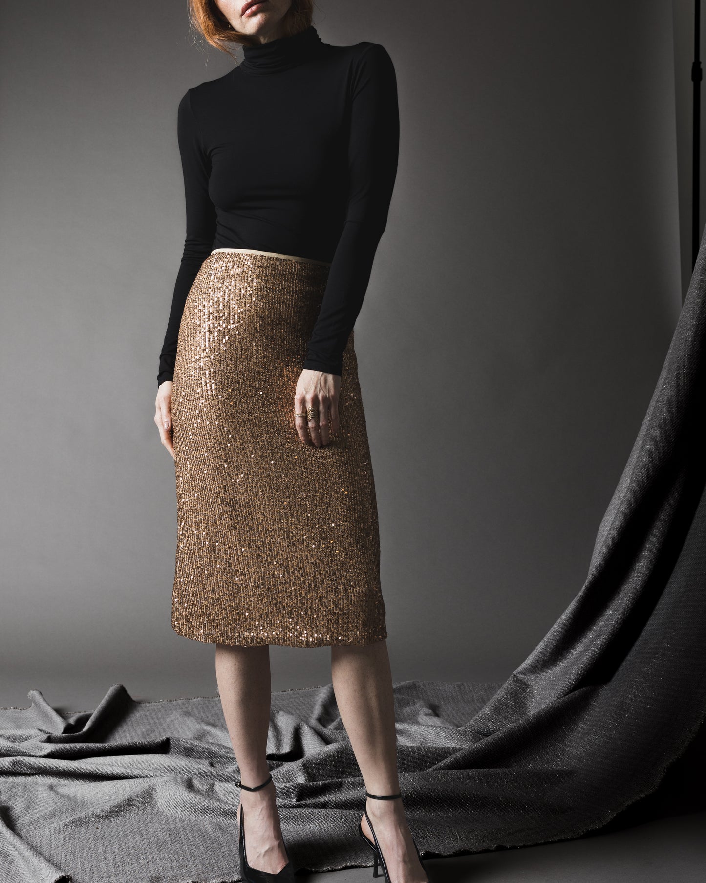 Champagne Textured Sequin Midi Skirt